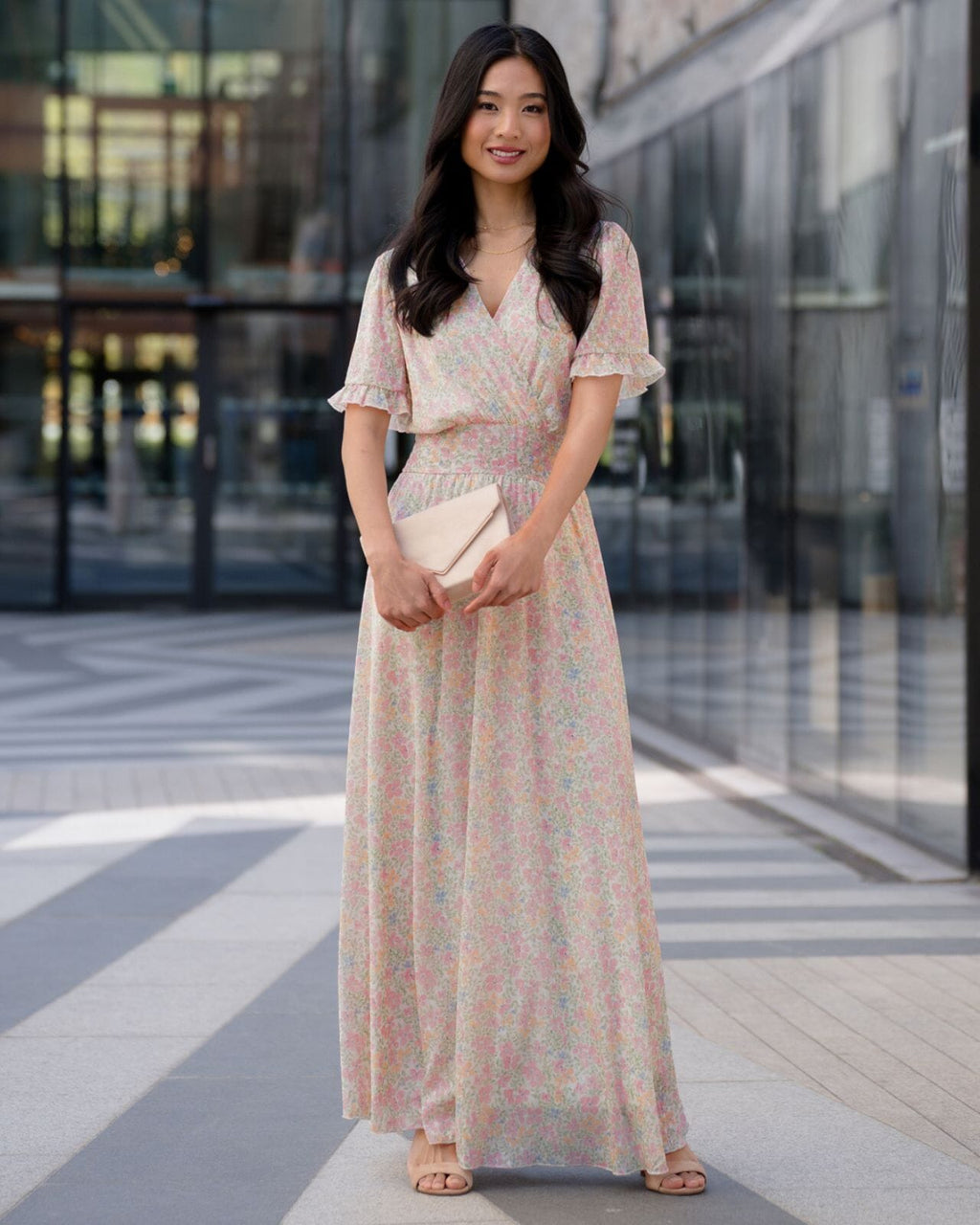 FLOYD Maxikjole Liane V Alba - Offwhite/ Light Pink/ Light Green