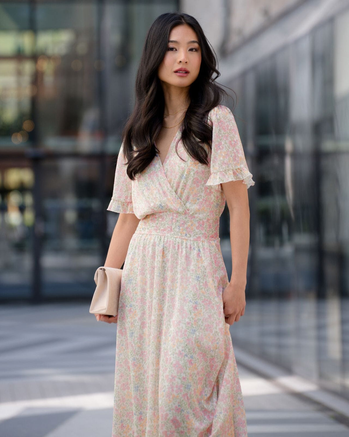 FLOYD Maxikjole Liane V Alba - Offwhite/ Light Pink/ Light Green