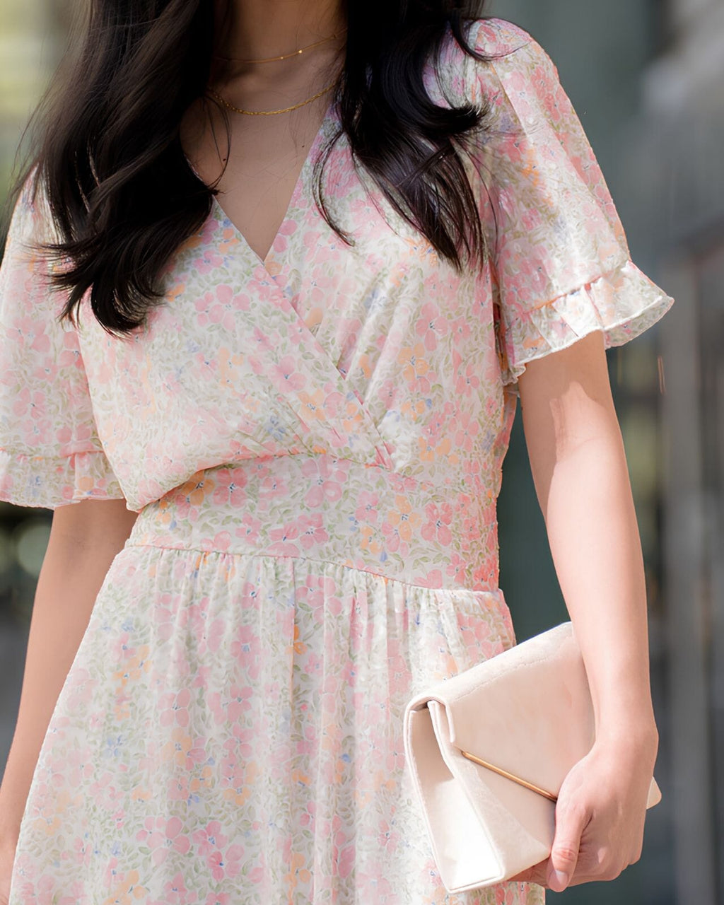FLOYD Maxikjole Liane V Alba - Offwhite/ Light Pink/ Light Green