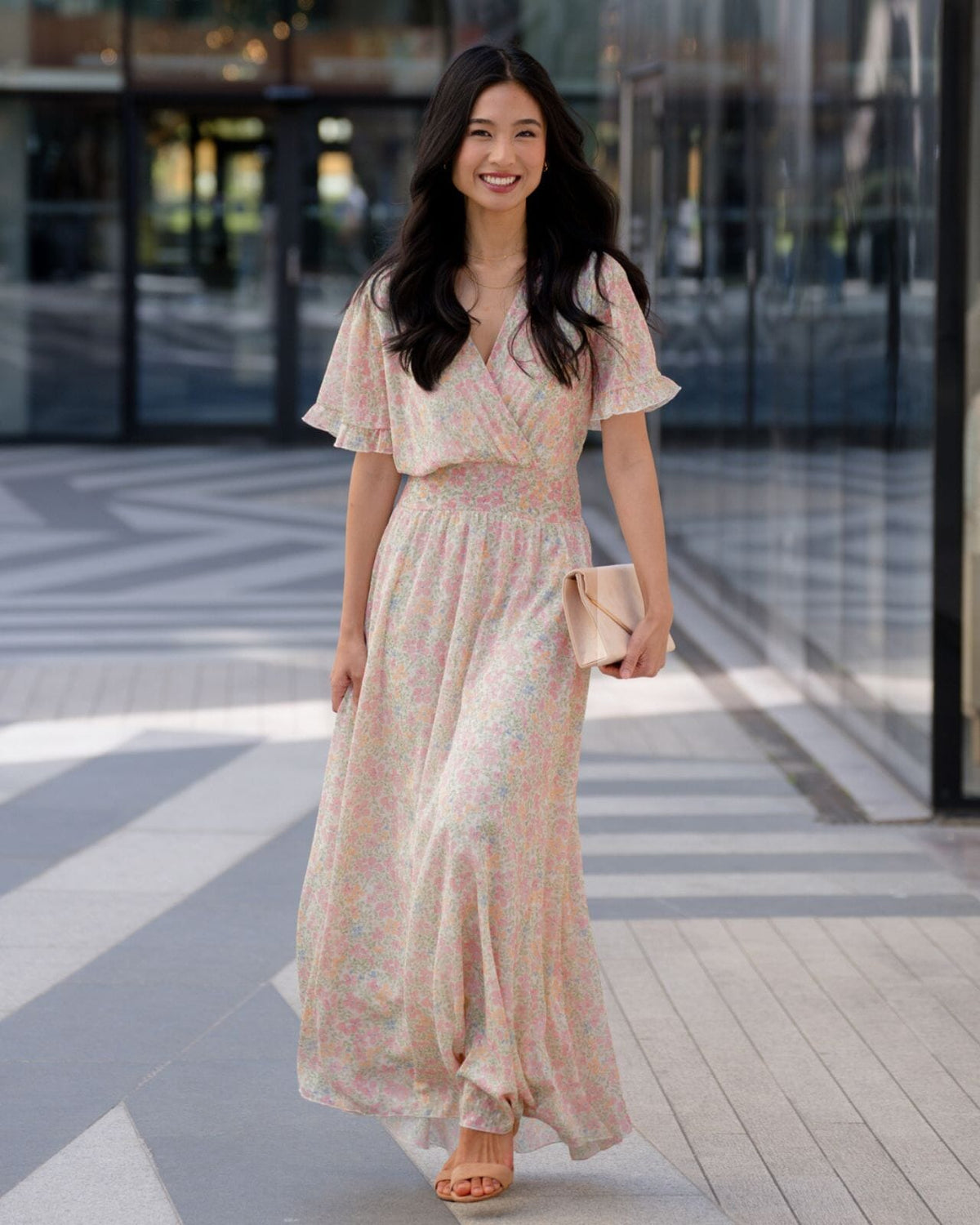 FLOYD Maxikjole Liane V Alba - Offwhite/ Light Pink/ Light Green
