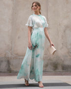 FLOYD Maxikjole Liane Satin Blom - Island Green