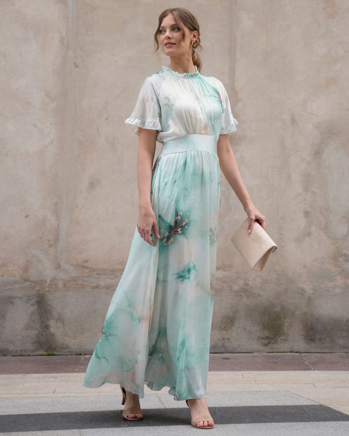 FLOYD Maxikjole Liane Satin Blom - Island Green