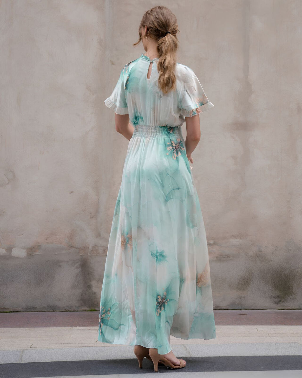 FLOYD Maxikjole Liane Satin Blom - Island Green