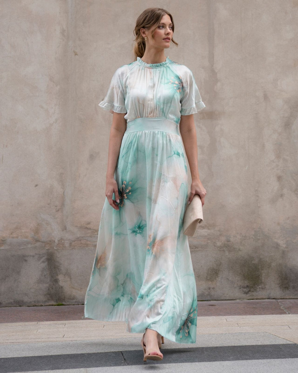 FLOYD Maxikjole Liane Satin Blom - Island Green
