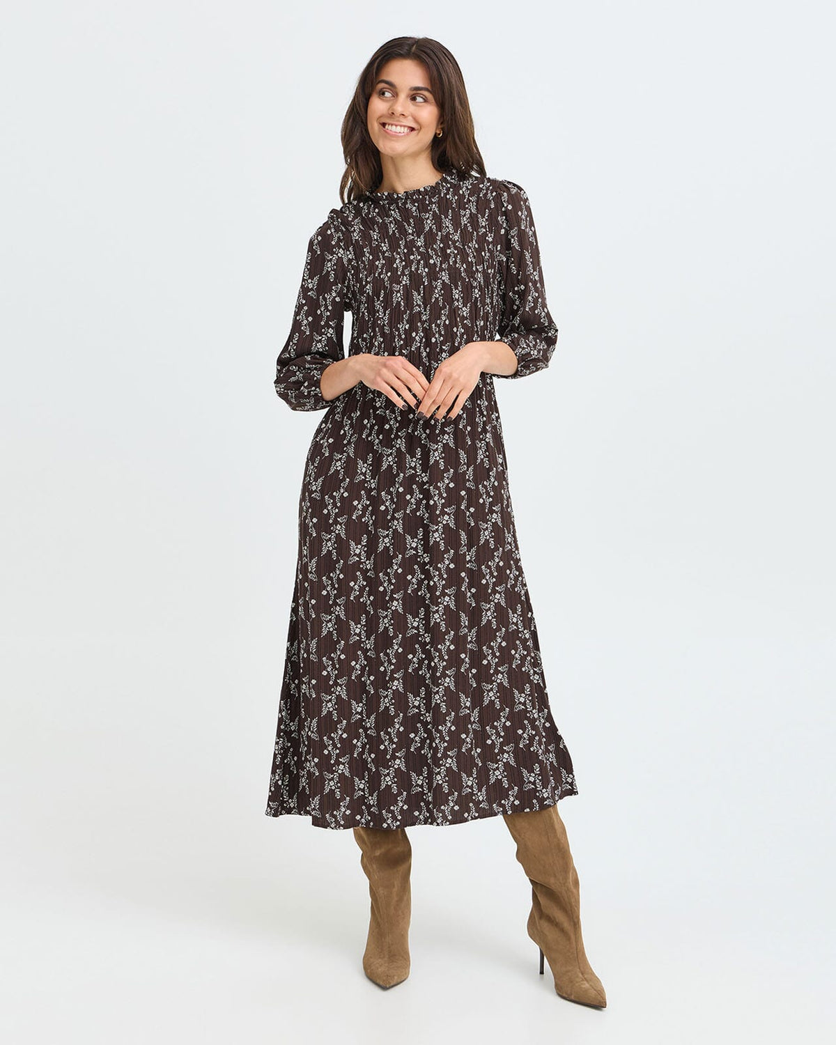 Fransa Midikjole Merle DR4 - Flower Drop/ Hot Fudge