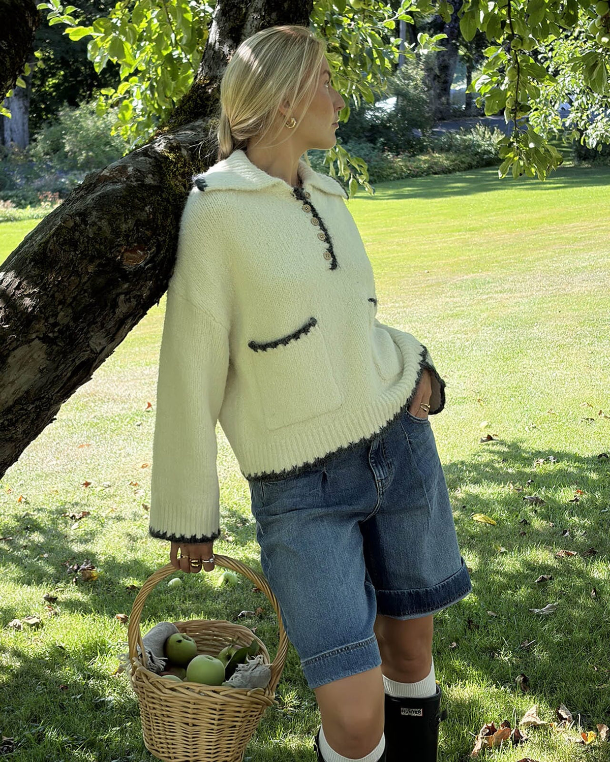 PIECES Strikkegenser Emilja LS Half Placket Knit - Birch Melange/Asphalt Melange