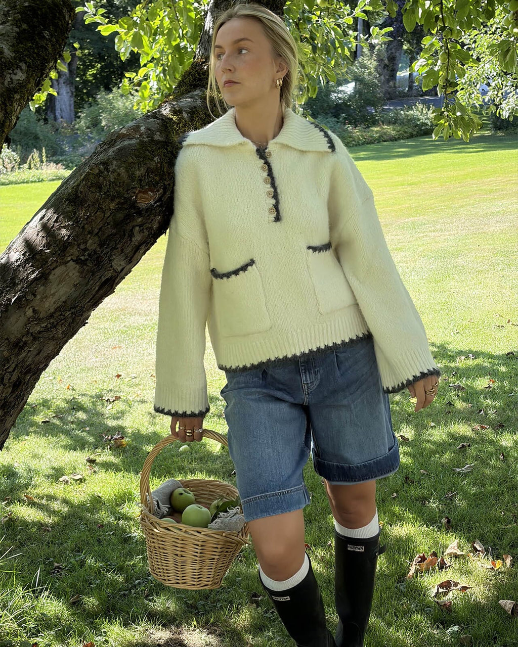 PIECES Strikkegenser Emilja LS Half Placket Knit - Birch Melange/Asphalt Melange