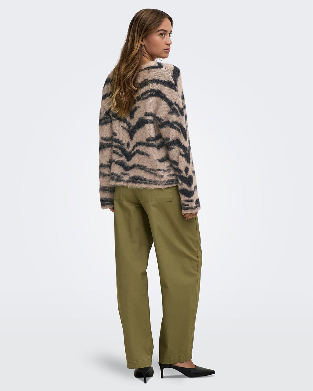 JDY Strikkegenser Cecilie L/S On Animal - Egret w. Black Tiger Stripes