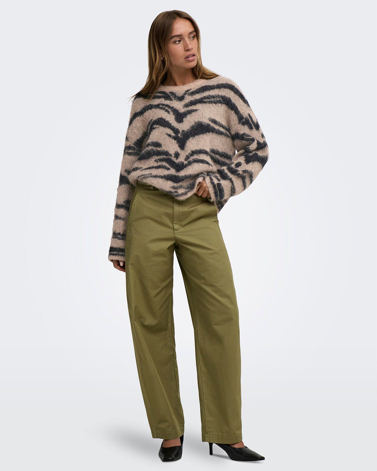 JDY Strikkegenser Cecilie L/S On Animal - Egret w. Black Tiger Stripes