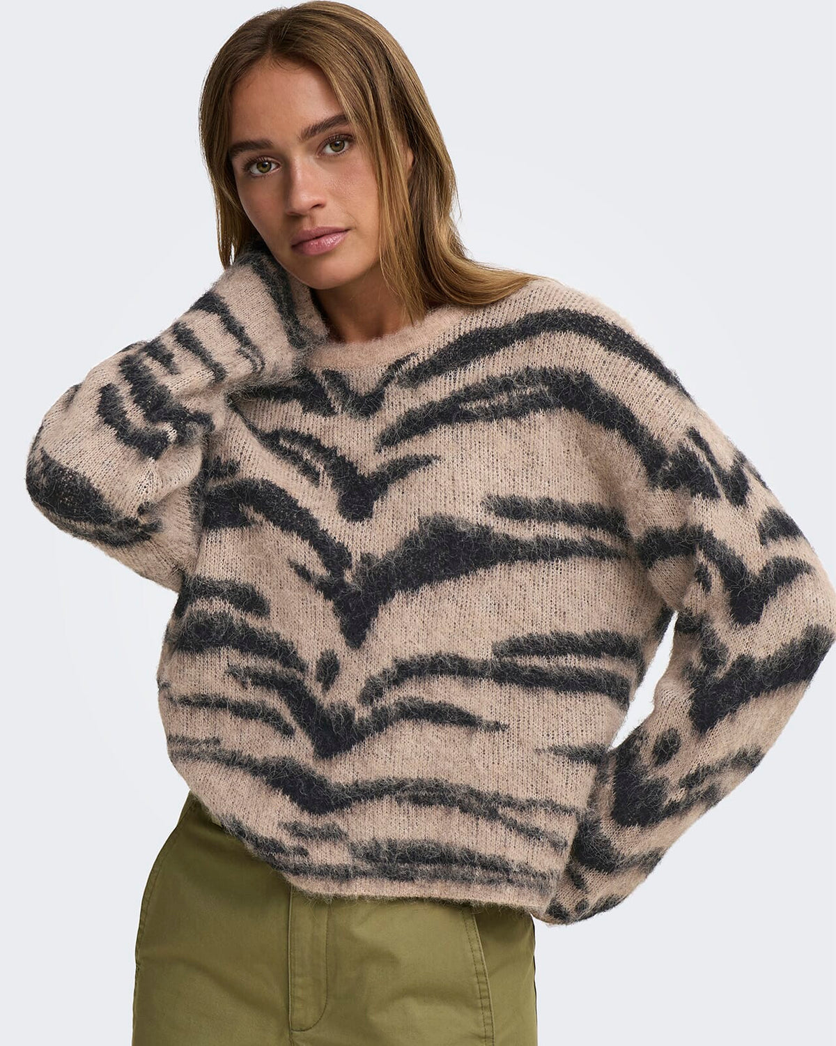 JDY Strikkegenser Cecilie L/S On Animal - Egret w. Black Tiger Stripes