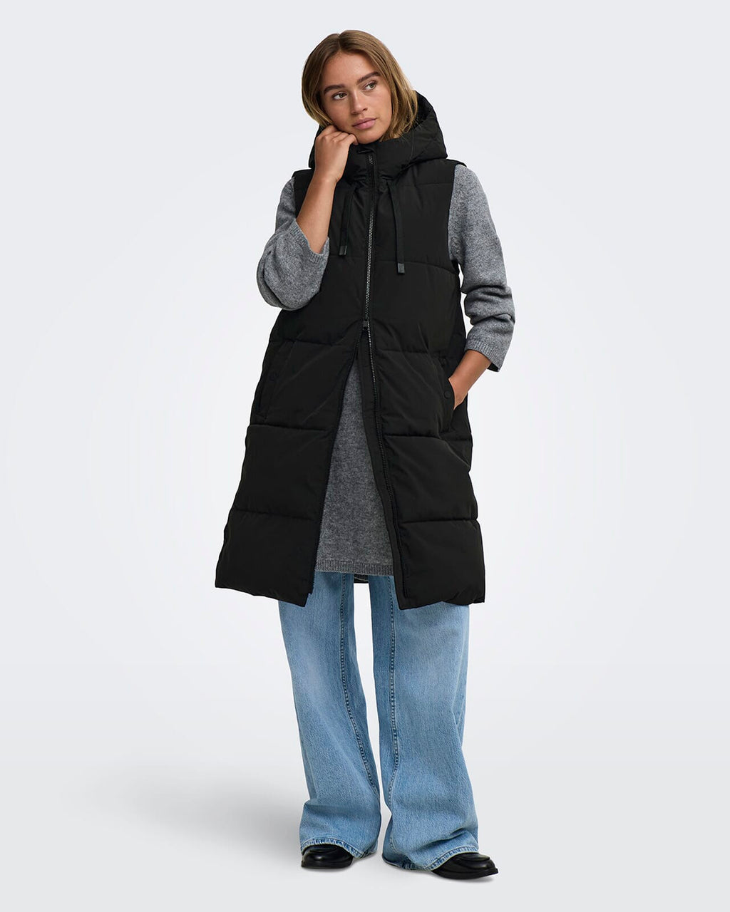 JDY Boblevest Blair Long Hood Waistcoat - Black/ Contrast Black