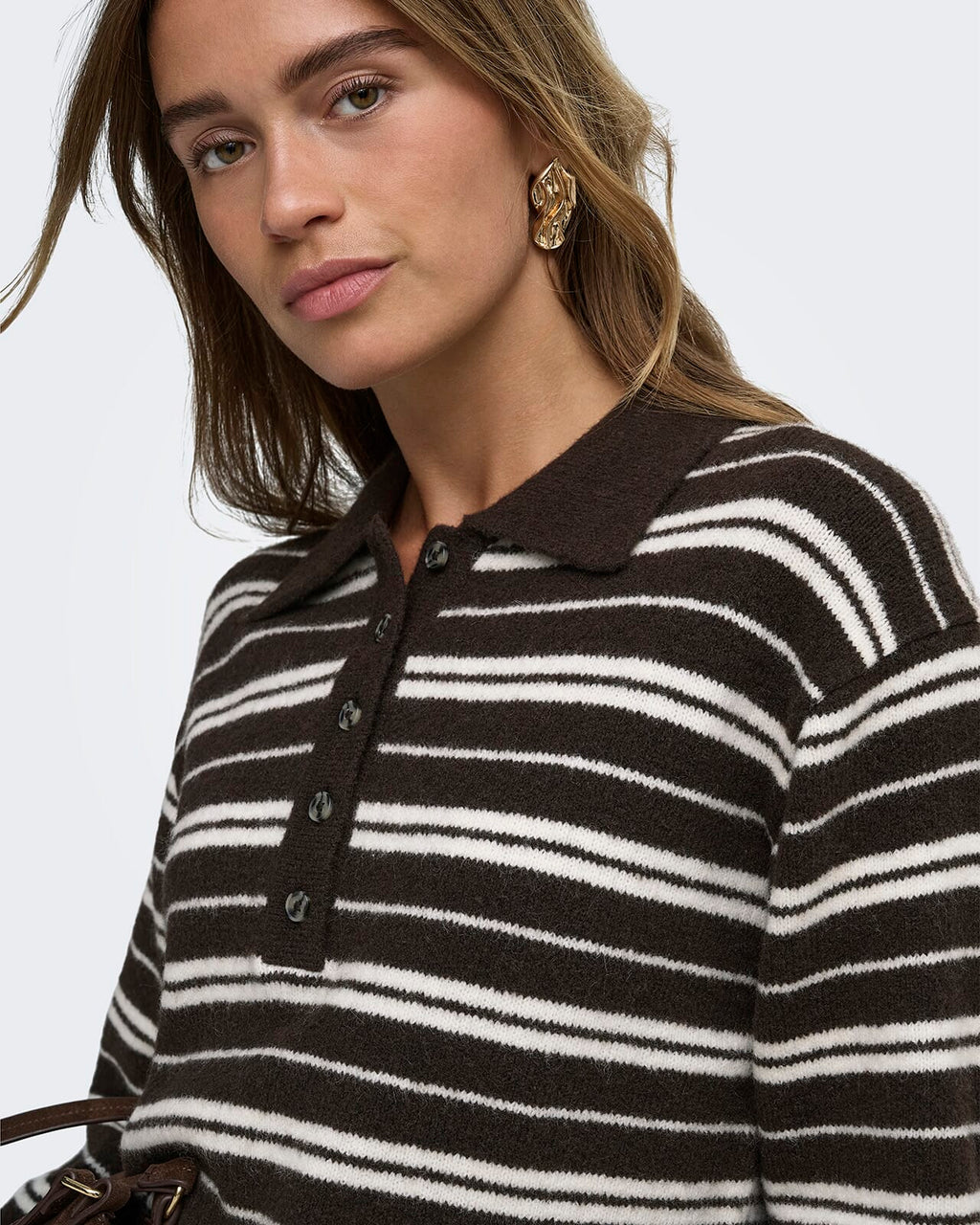 JDY Strikkegenser Chloe L/S Polo - Chocolate Brown/ Ivory