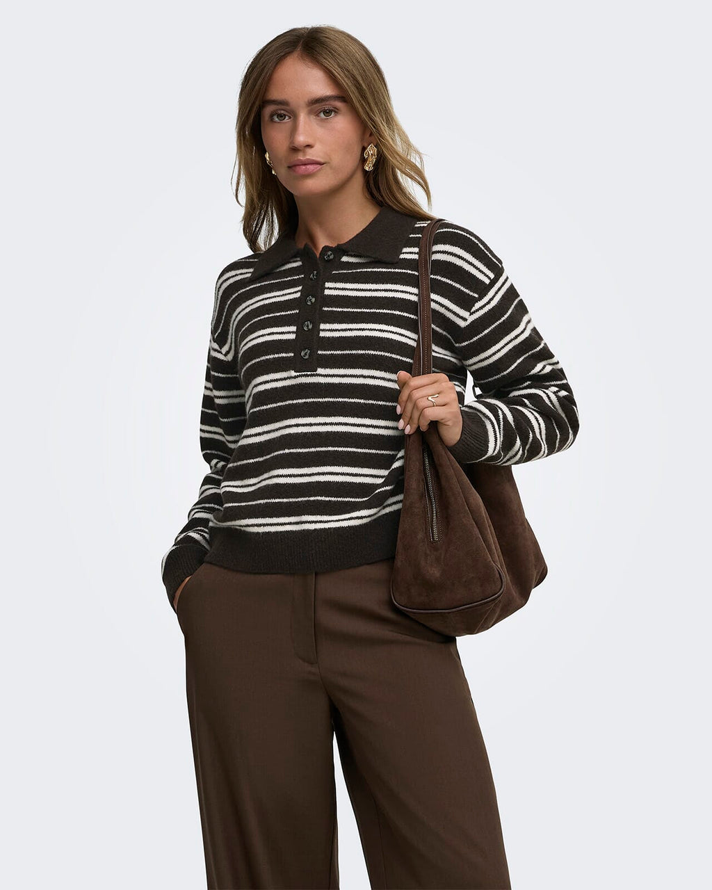 JDY Strikkegenser Chloe L/S Polo - Chocolate Brown/ Ivory
