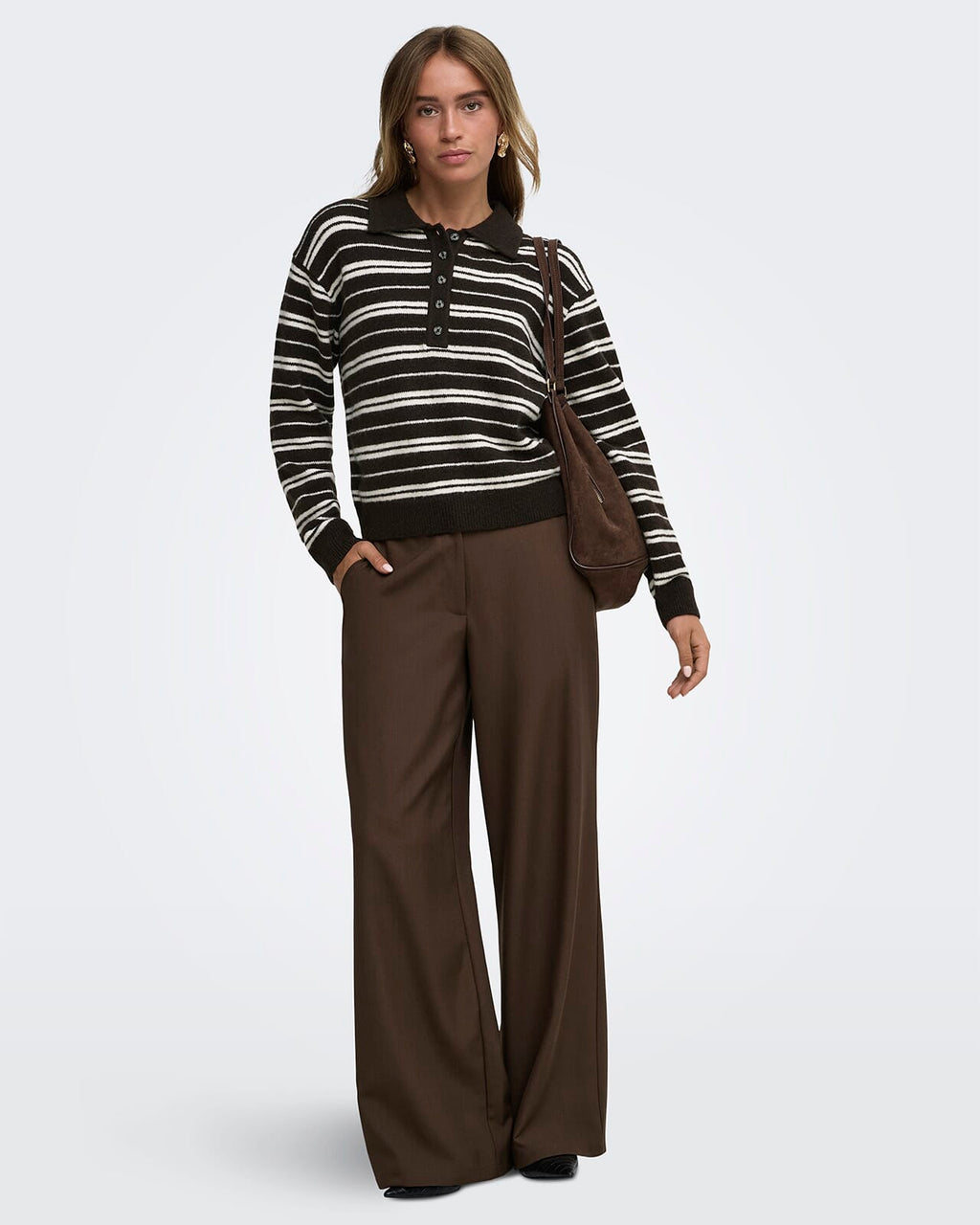 JDY Strikkegenser Chloe L/S Polo - Chocolate Brown/ Ivory