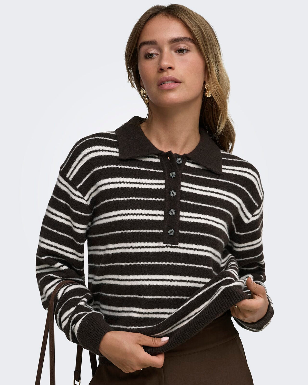 JDY Strikkegenser Chloe L/S Polo - Chocolate Brown/ Ivory