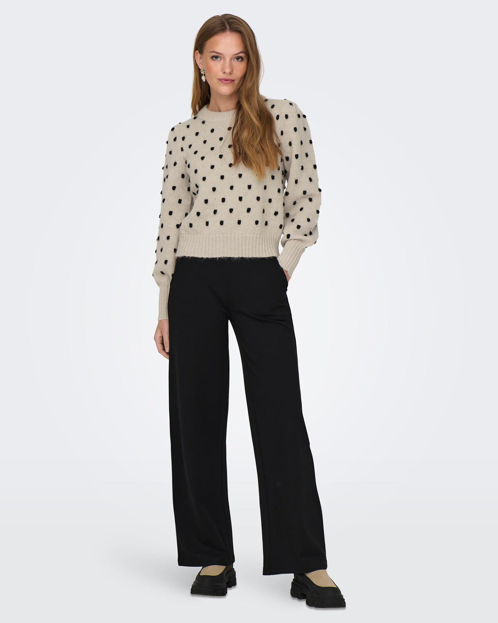 JDY Strikkegenser Sigrid Life L/S O-Neck Puff - Cement/ Black Dot