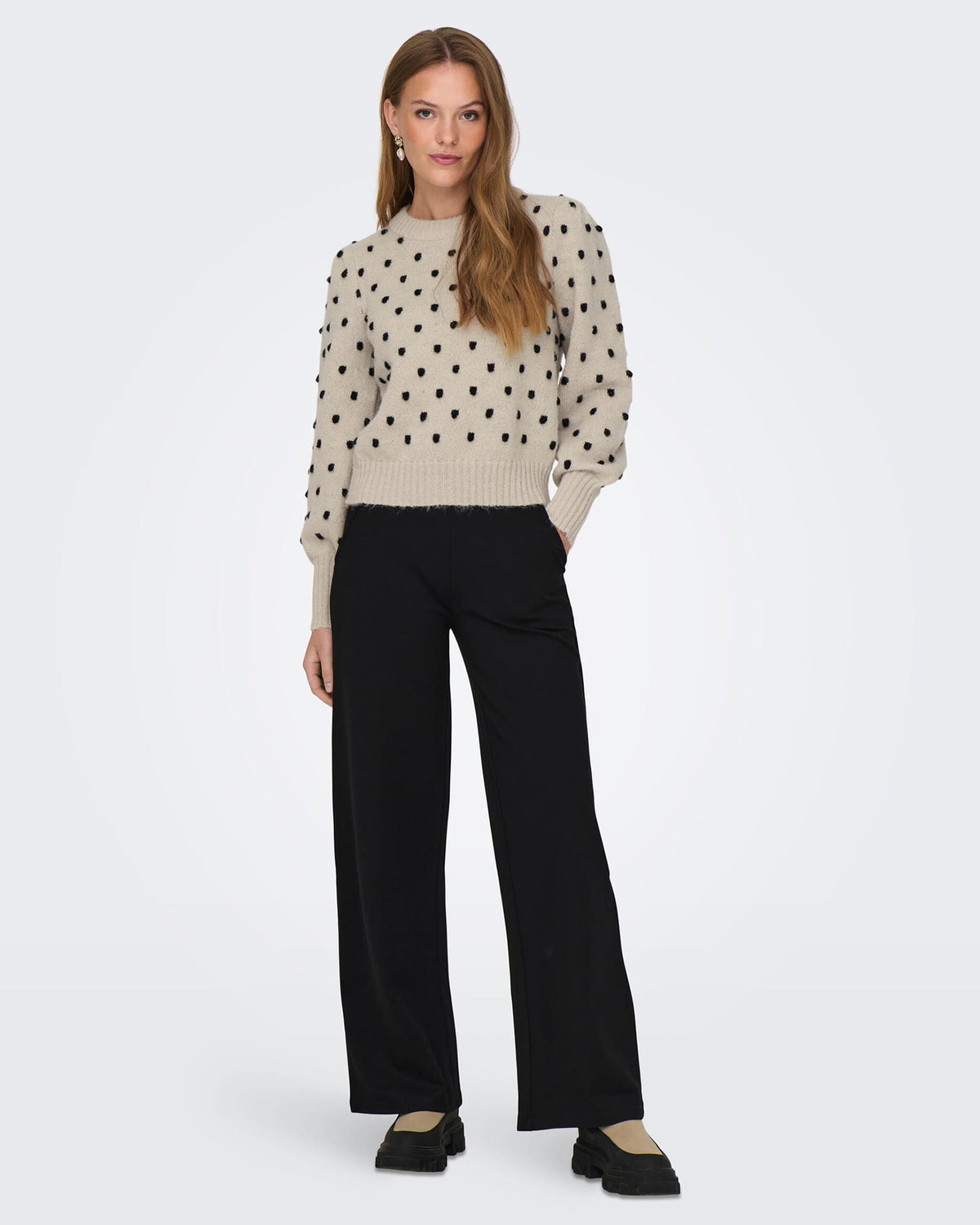 JDY Strikkegenser Sigrid Life L/S O-Neck Puff - Cement/ Black Dot