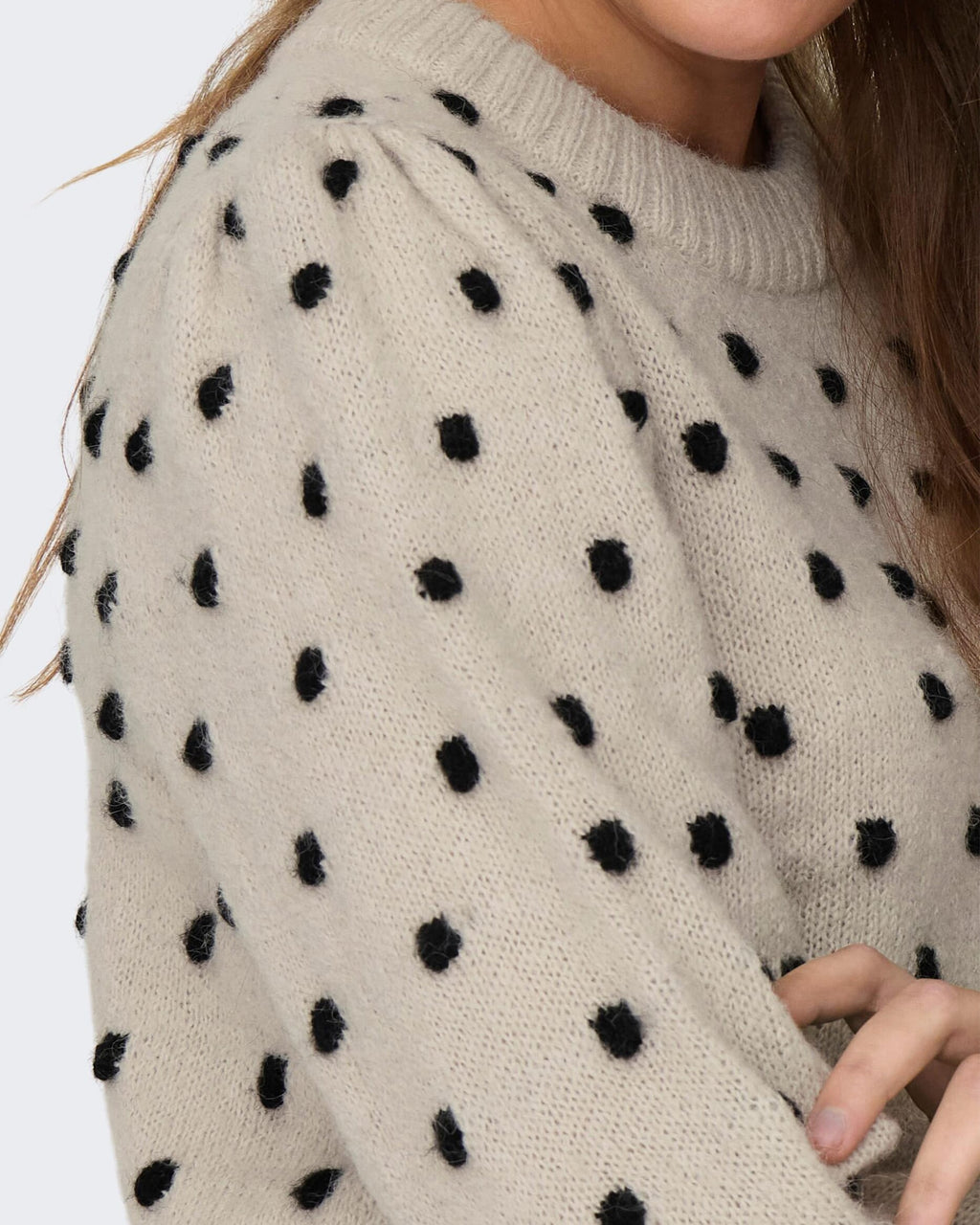JDY Strikkegenser Sigrid Life L/S O-Neck Puff - Cement/ Black Dot