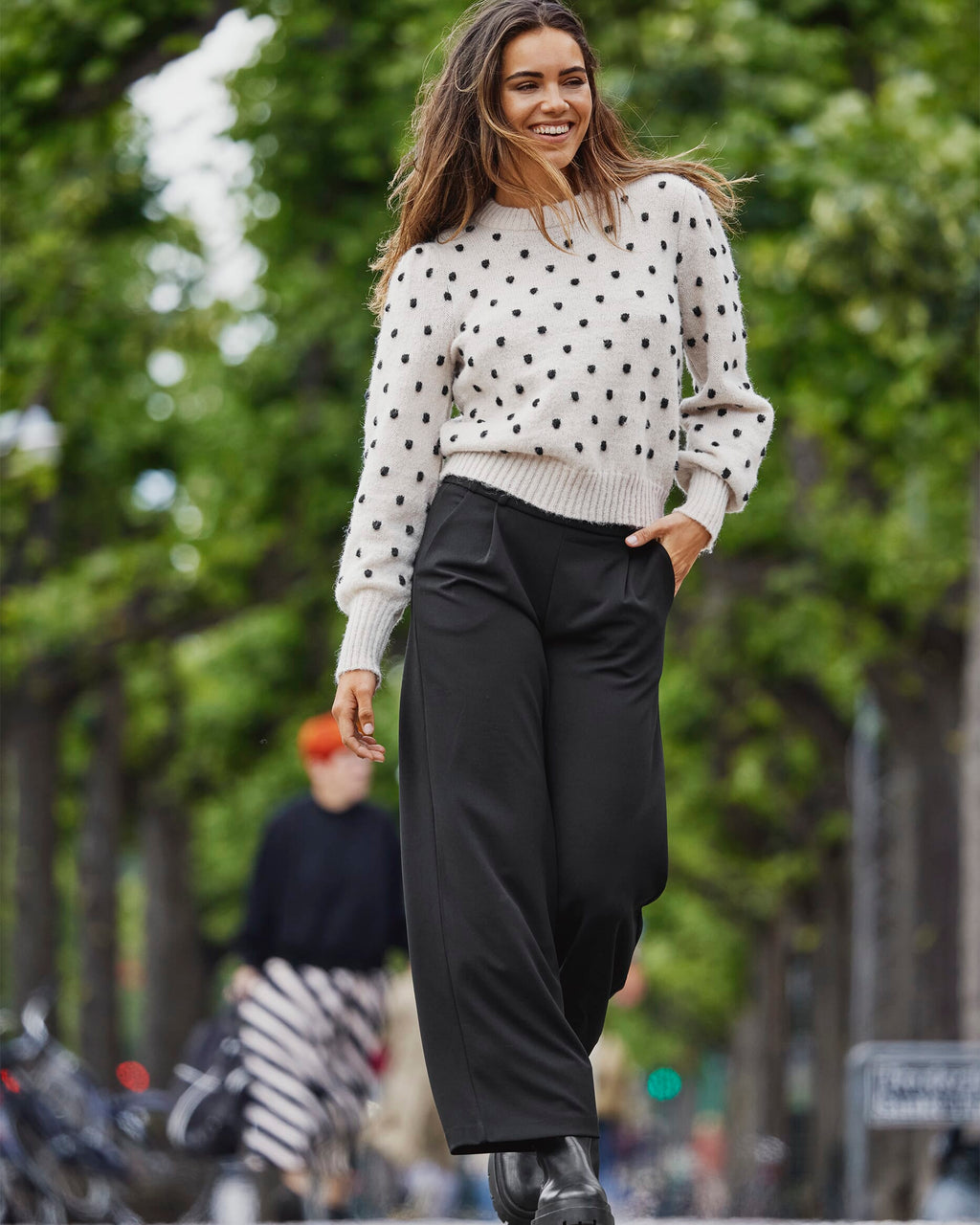 JDY Strikkegenser Sigrid Life L/S O-Neck Puff - Cement/ Black Dot