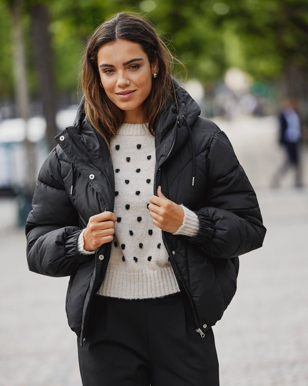 JDY Strikkegenser Sigrid Life L/S O-Neck Puff - Cement/ Black Dot
