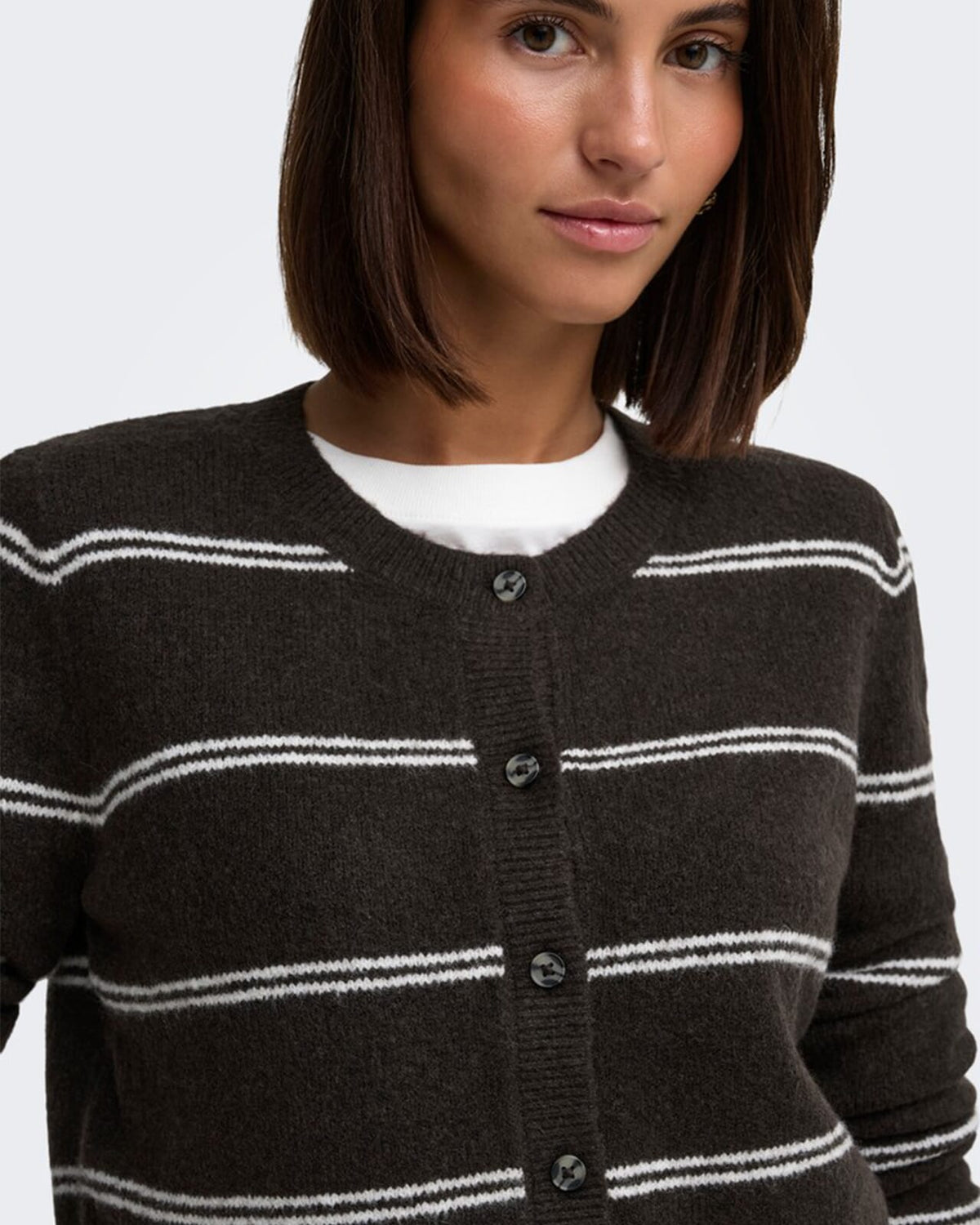 JDY Cardigan Chloe L/S Short - Chocolate Torte Melange W./ New Stripe BIRCH