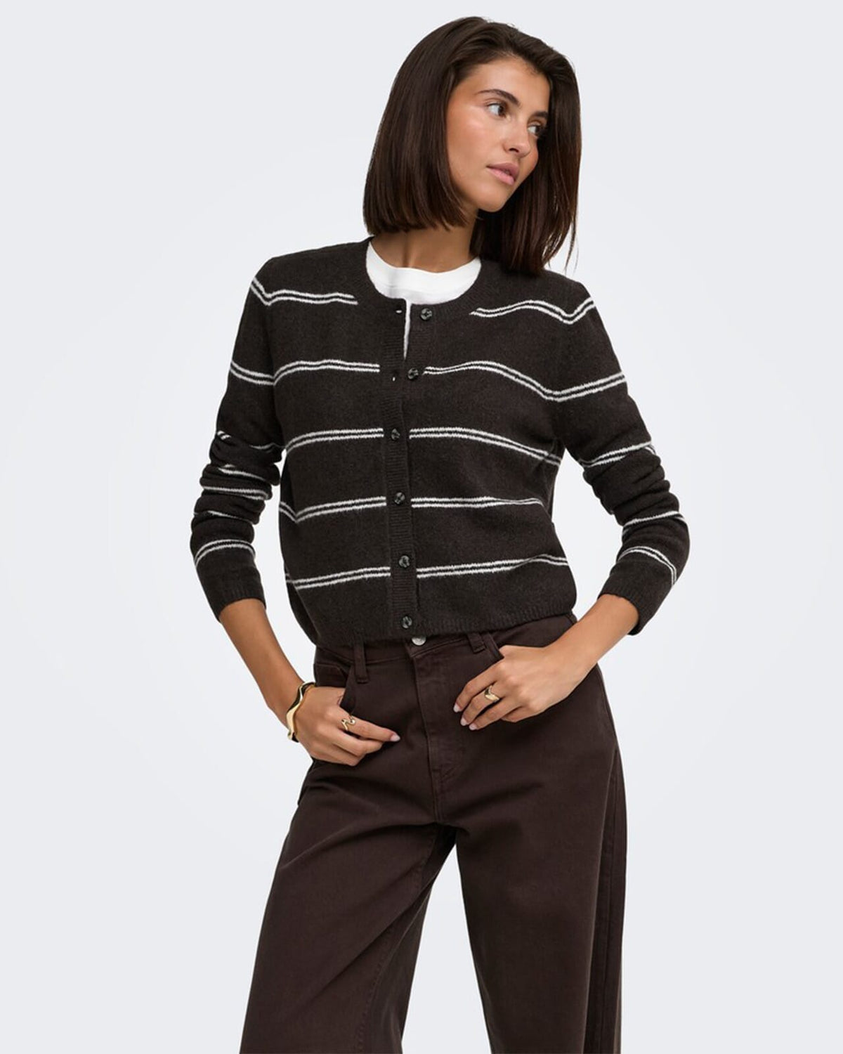 JDY Cardigan Chloe L/S Short - Chocolate Torte Melange W./ New Stripe BIRCH