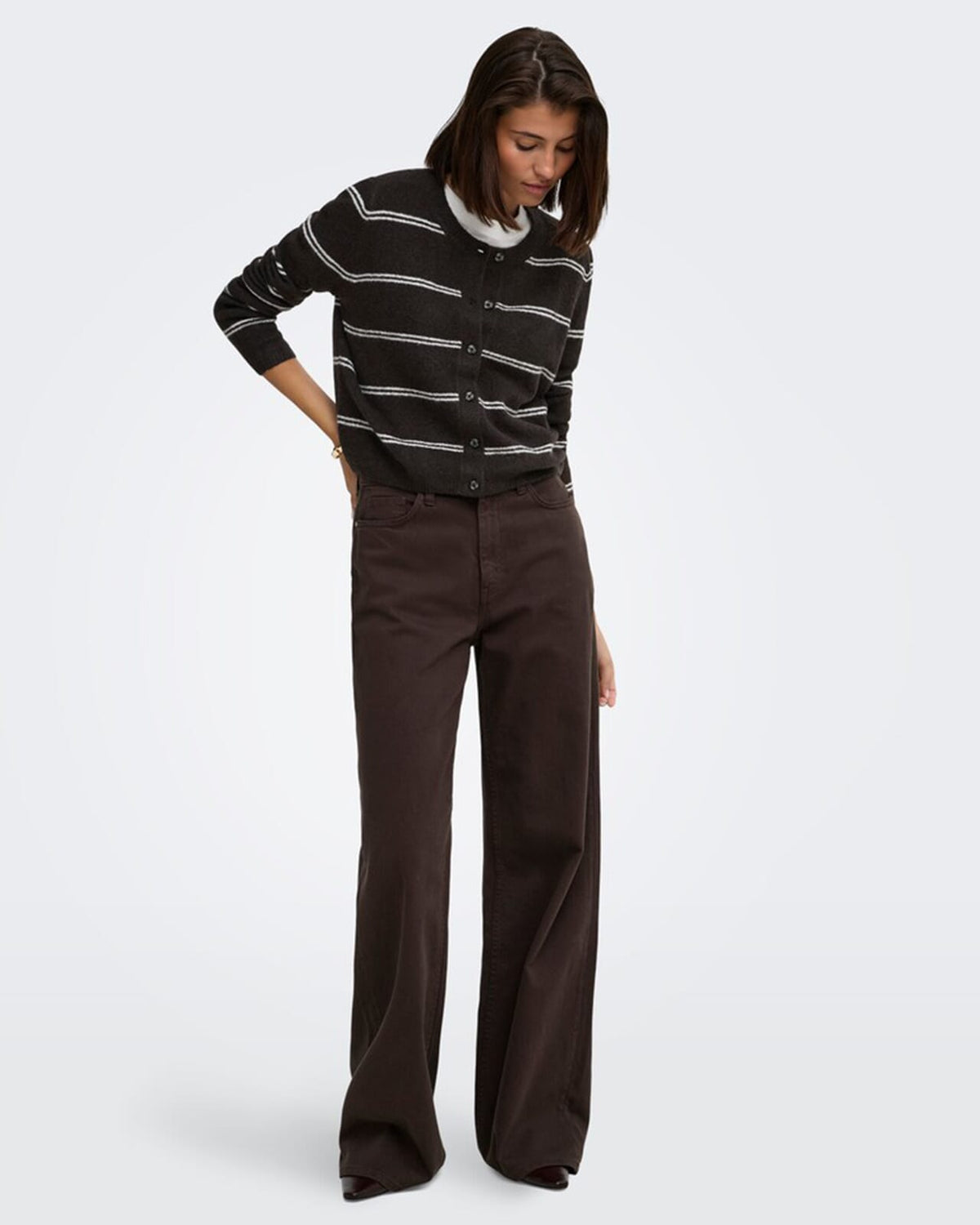 JDY Cardigan Chloe L/S Short - Chocolate Torte Melange W./ New Stripe BIRCH