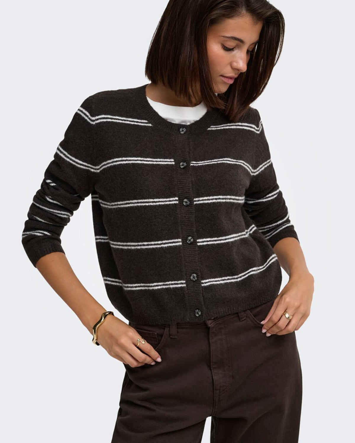 JDY Cardigan Chloe L/S Short - Chocolate Torte Melange W./ New Stripe BIRCH