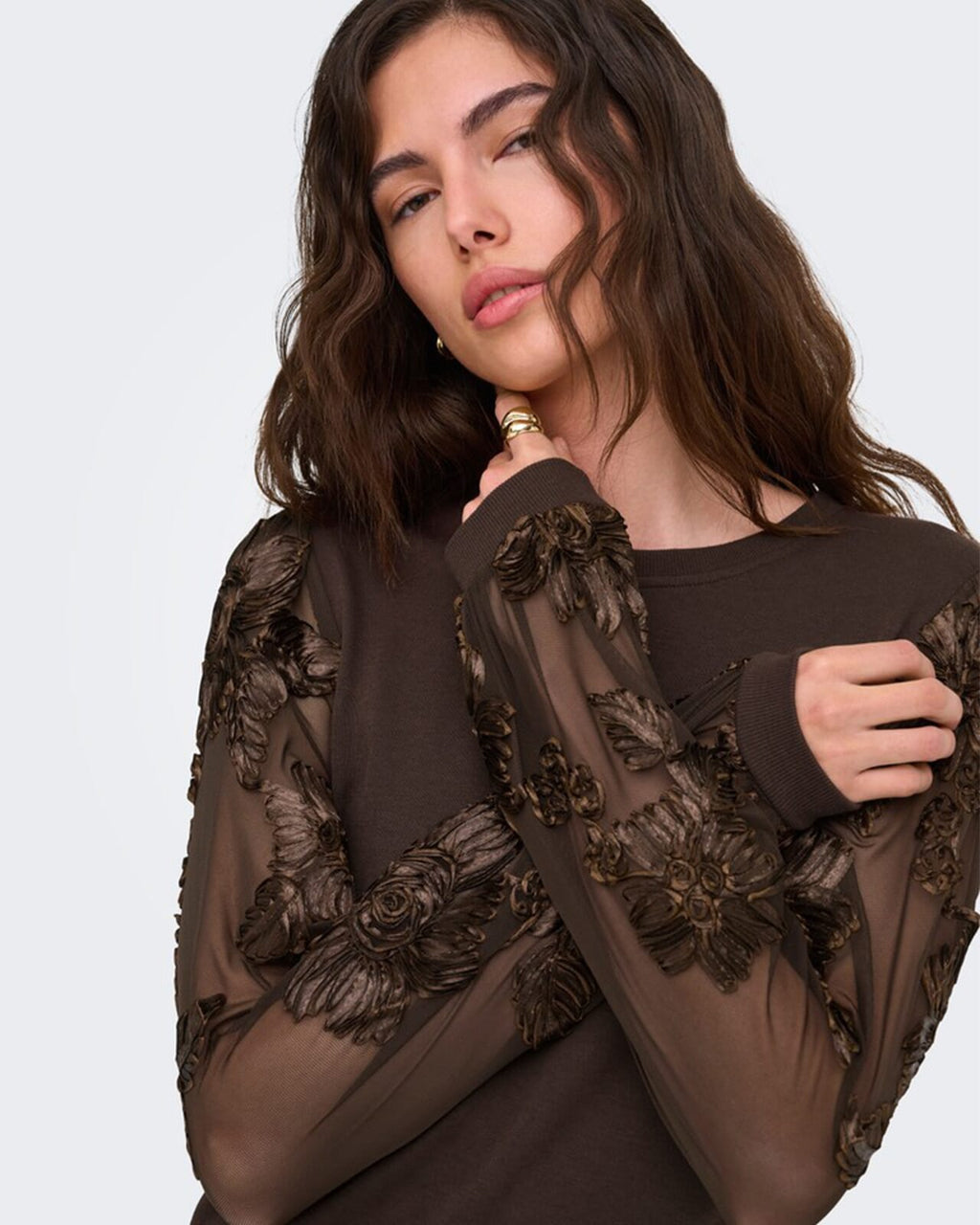 JDY Genserkjole Fairview Life L/S Sweat Dress - Coffee Bean/ Casa Lace Sleeve