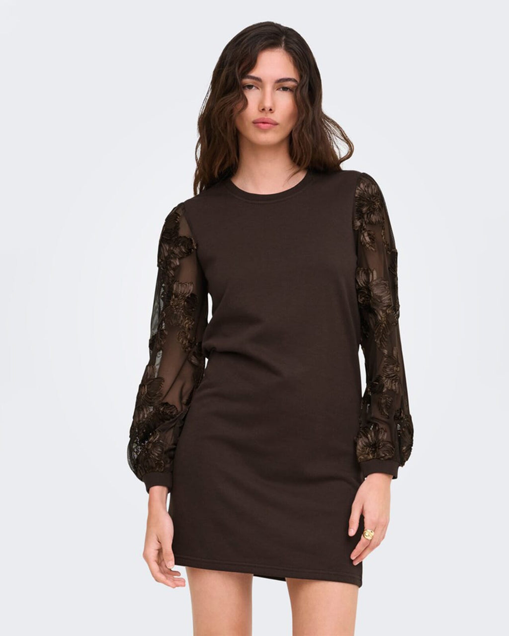 JDY Genserkjole Fairview Life L/S Sweat Dress - Coffee Bean/ Casa Lace Sleeve