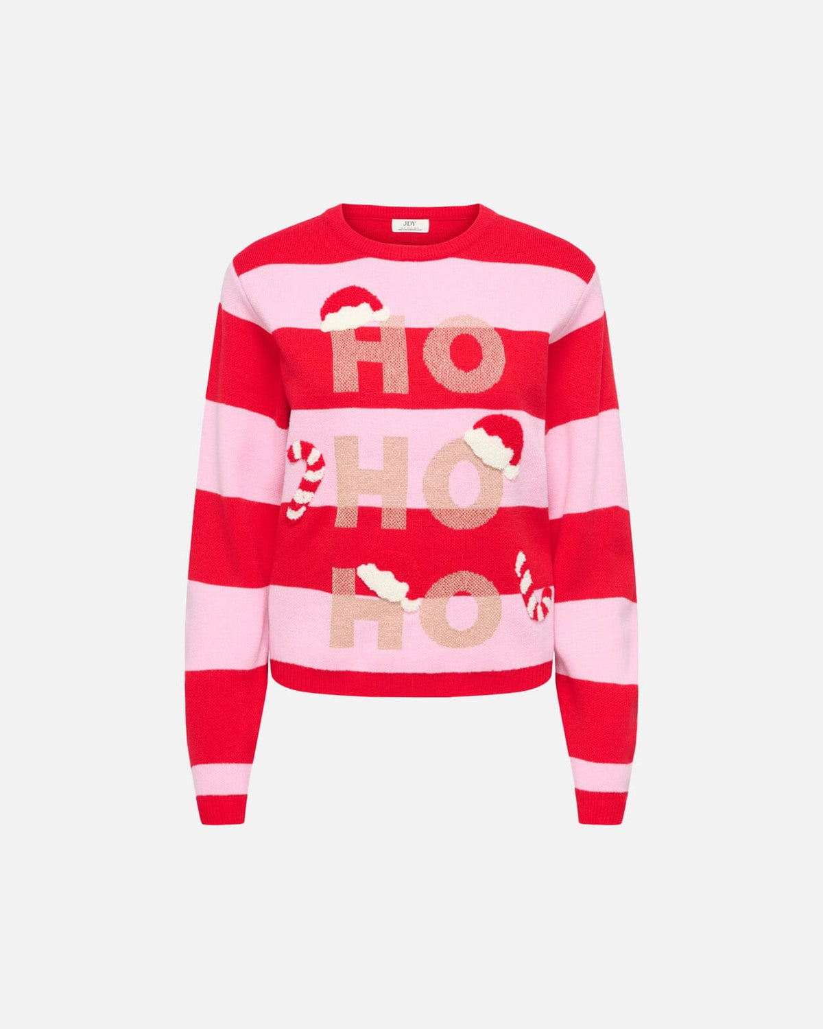 JDY Genser Mary L/S O-neck X-mas Pullover Knt - High Risk Red/  W. Pink Stripes / Ho Ho Ho Gold