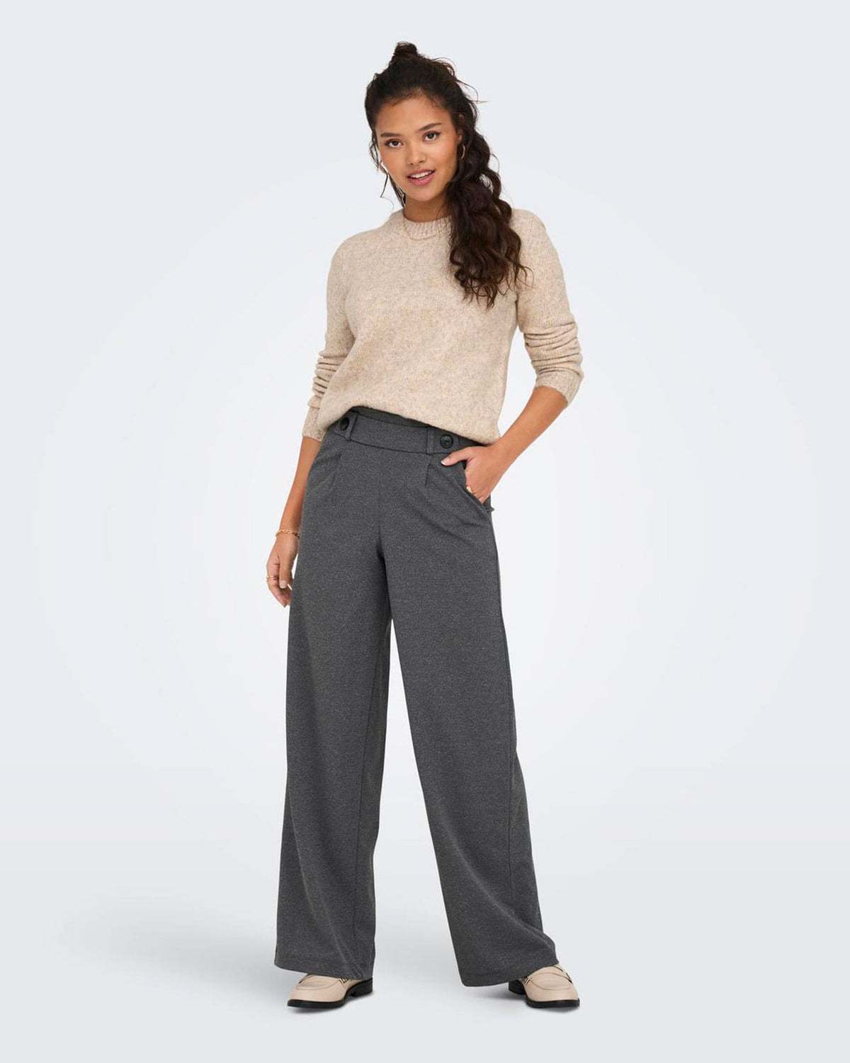 JDY Bukse Geggo New Long - Medium Grey Melange/ Black Buttons
