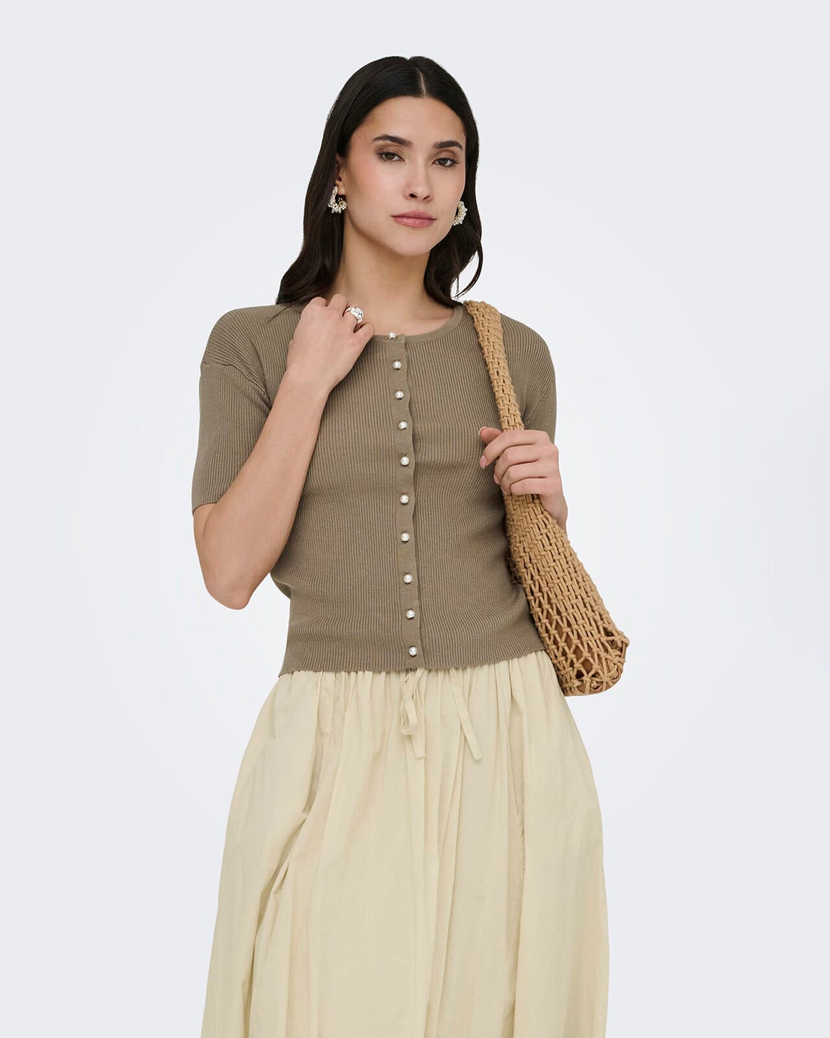 JDY Topp Gaby 2/4 O-neck Pearl Cardigan - Greige