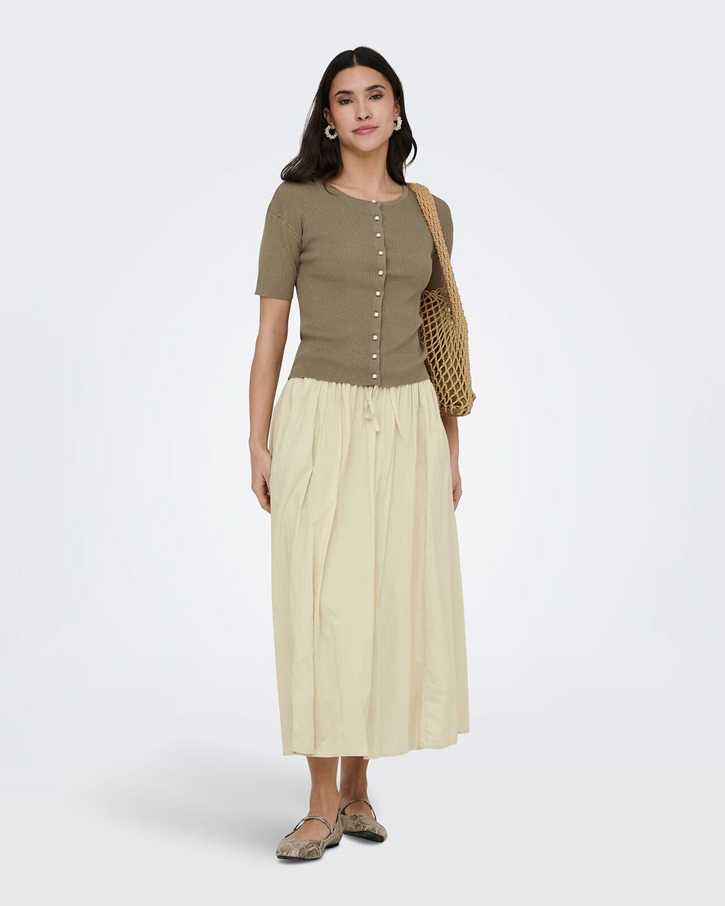 JDY Topp Gaby 2/4 O-neck Pearl Cardigan - Greige