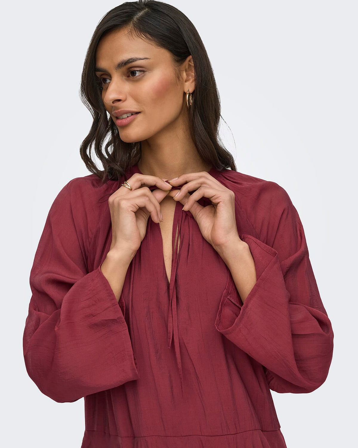 JDY Kjole Harper L/S Frill - Oxblood Red
