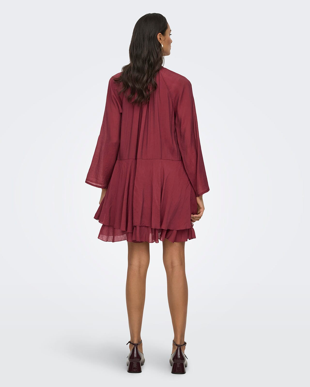 JDY Kjole Harper L/S Frill - Oxblood Red