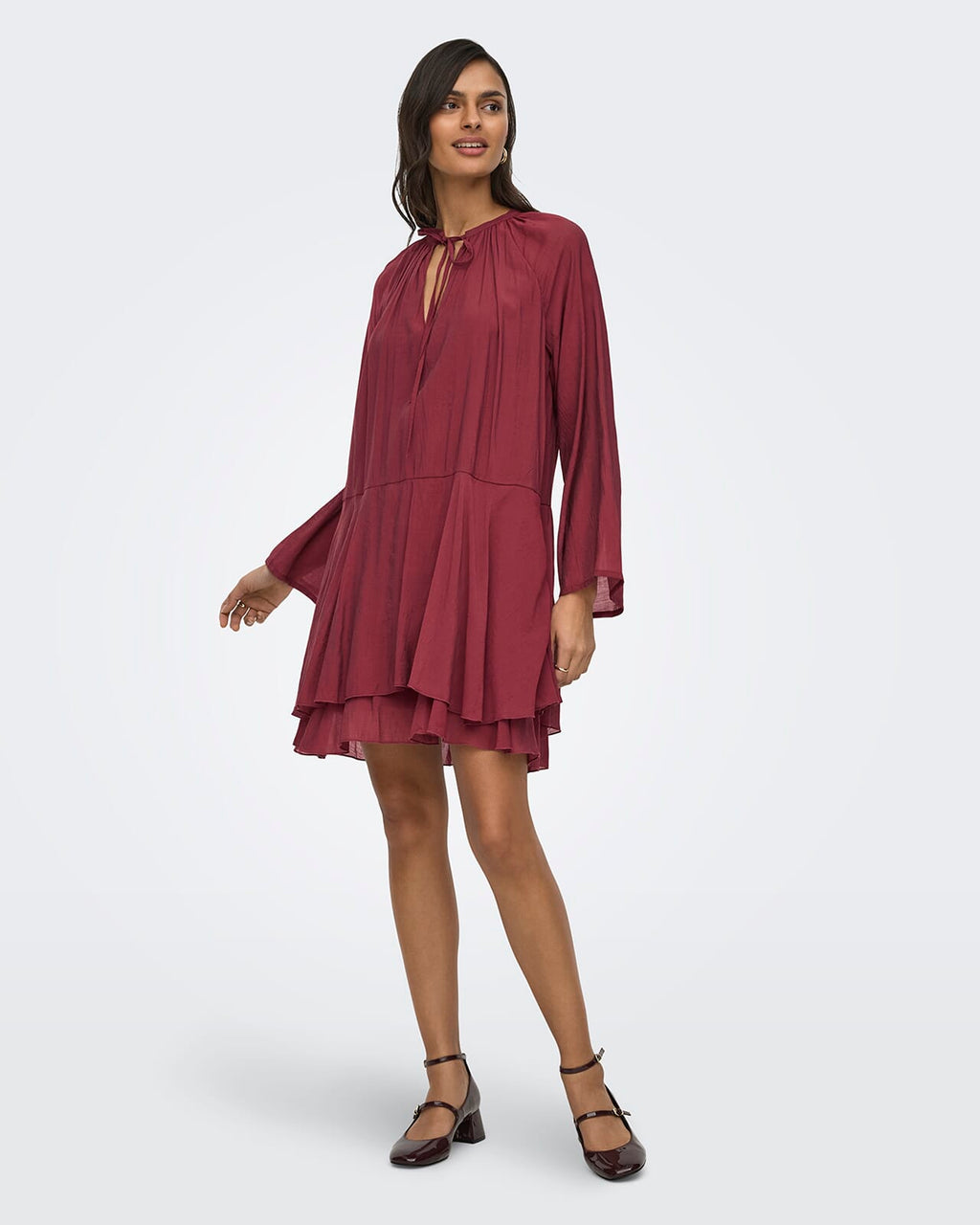 JDY Kjole Harper L/S Frill - Oxblood Red