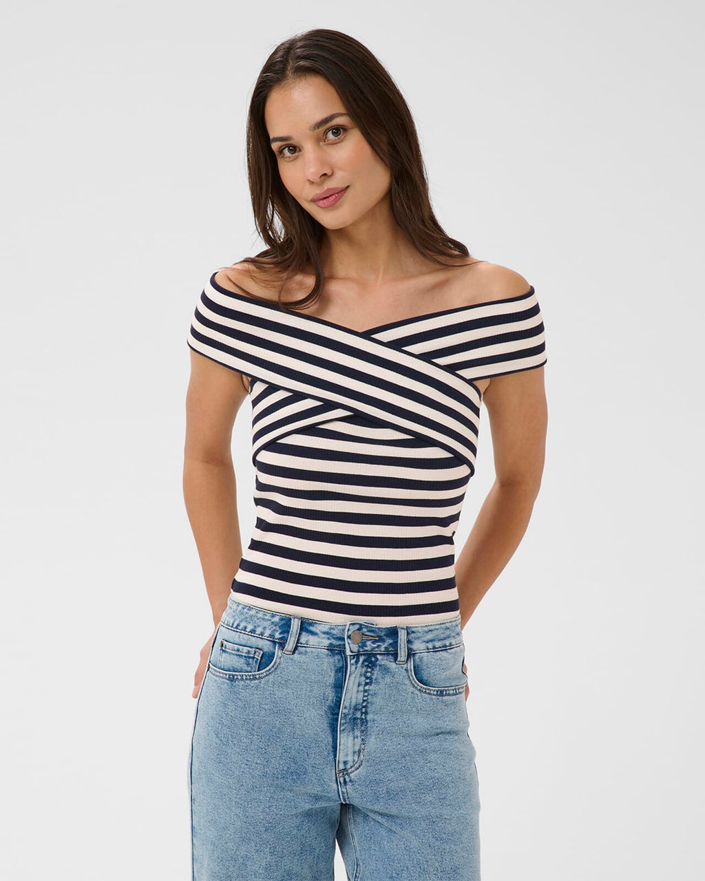 KAFFE Topp Celeste Rib - Chalk/Midnight Marine