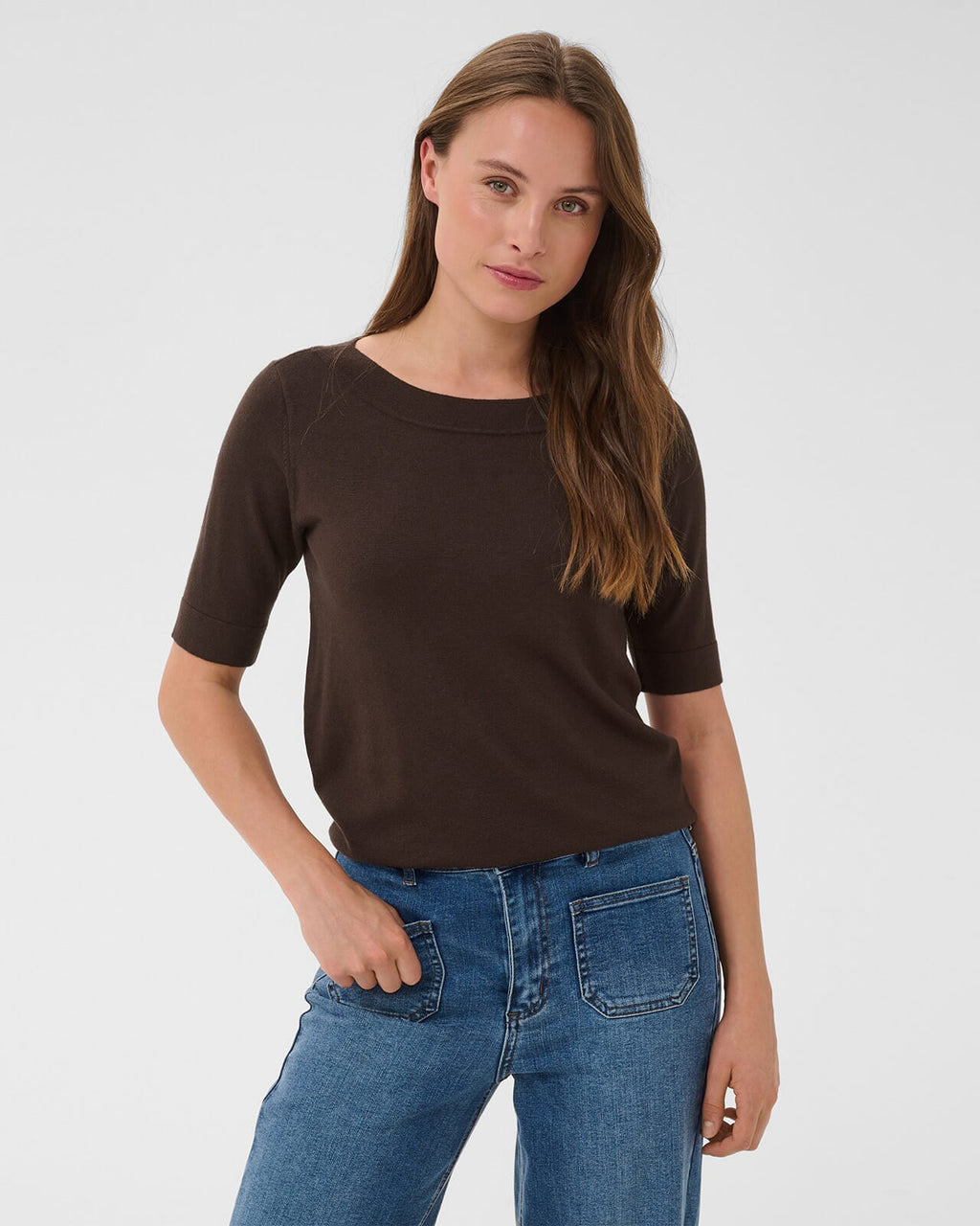KAFFE Topp Lizza Boatneck Solid Pullover - Coffee Bean