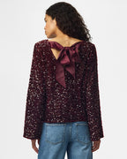 PIECES Paljettopp Kammy LS Deep Back Bow - Tawny Port/ Tawny Port Sequins