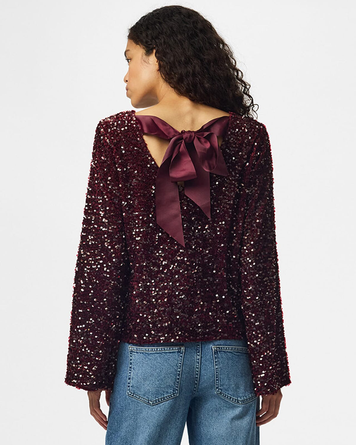 PIECES Paljettopp Kammy LS Deep Back Bow - Tawny Port/ Tawny Port Sequins