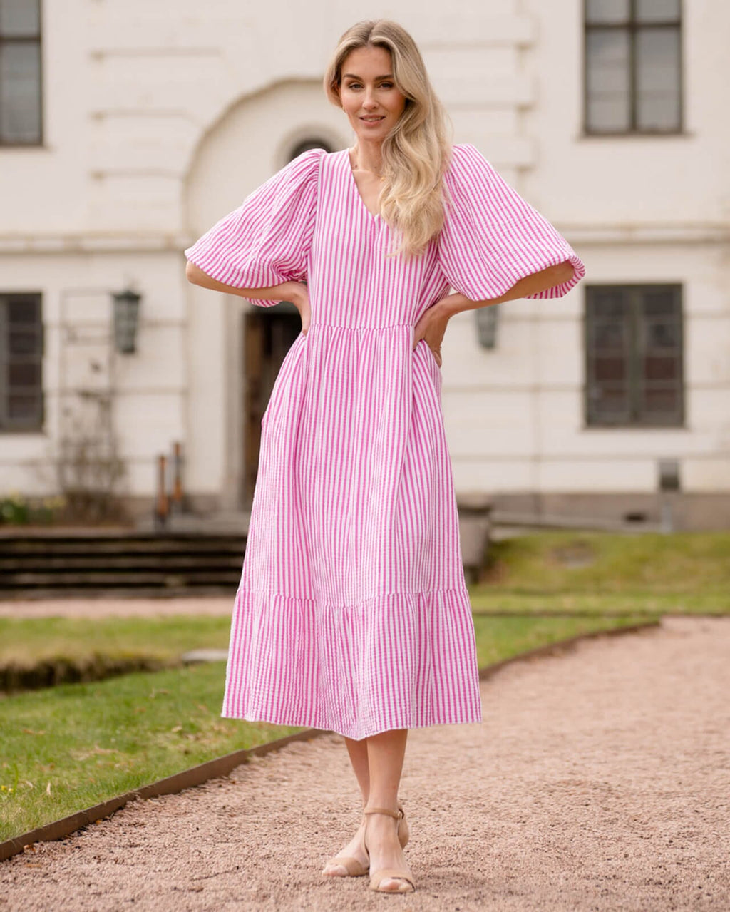 FLOYD Midikjole Margo Stripe - Cerise