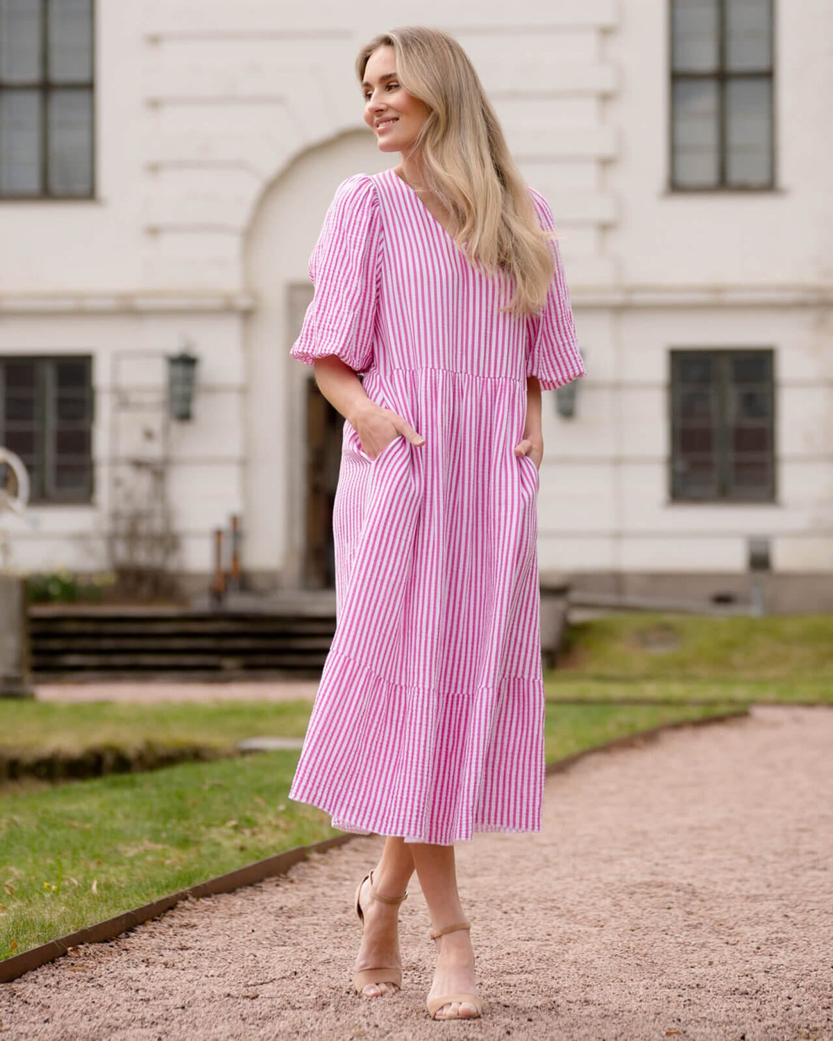 FLOYD Midikjole Margo Stripe - Cerise
