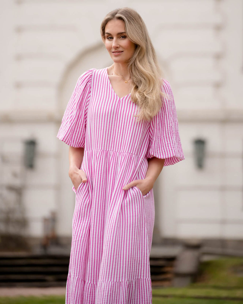 FLOYD Midikjole Margo Stripe - Cerise