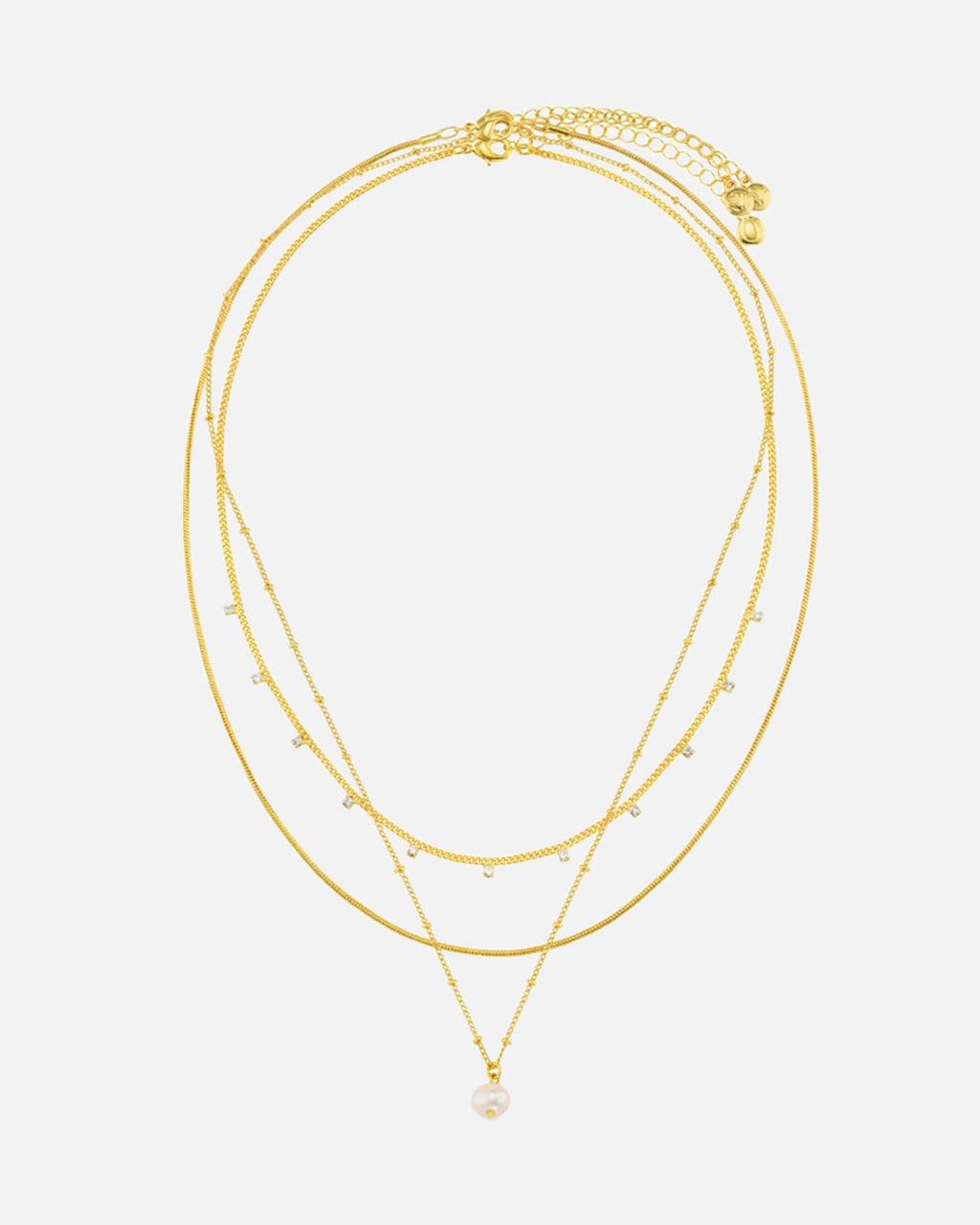 ORELIA Kjede Pearl Drop & Multi Crystal 3-row - Pale Gold