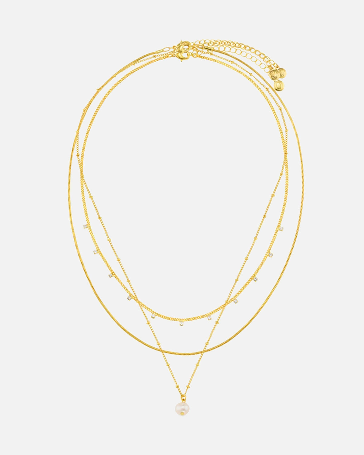 ORELIA Kjede Pearl Drop & Multi Crystal 3-row - Pale Gold