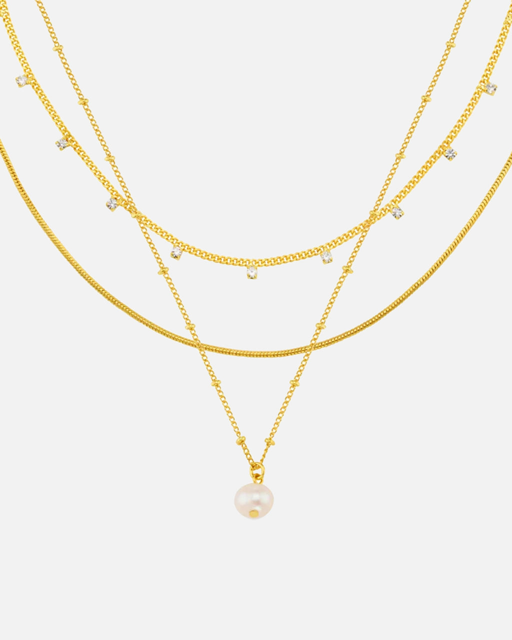 ORELIA Kjede Pearl Drop & Multi Crystal 3-row - Pale Gold