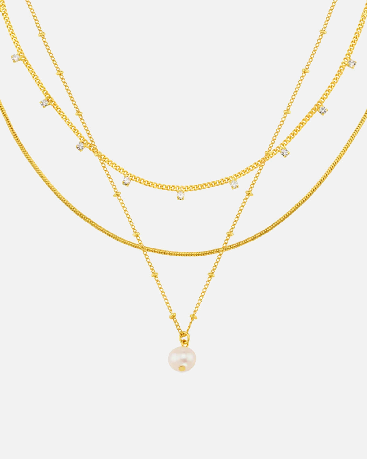 ORELIA Kjede Pearl Drop & Multi Crystal 3-row - Pale Gold