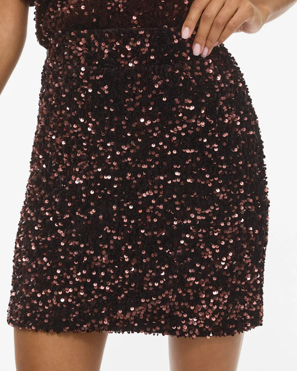 VILA Paljettskjørt Faith HW Short Sequin - Coffee Bean