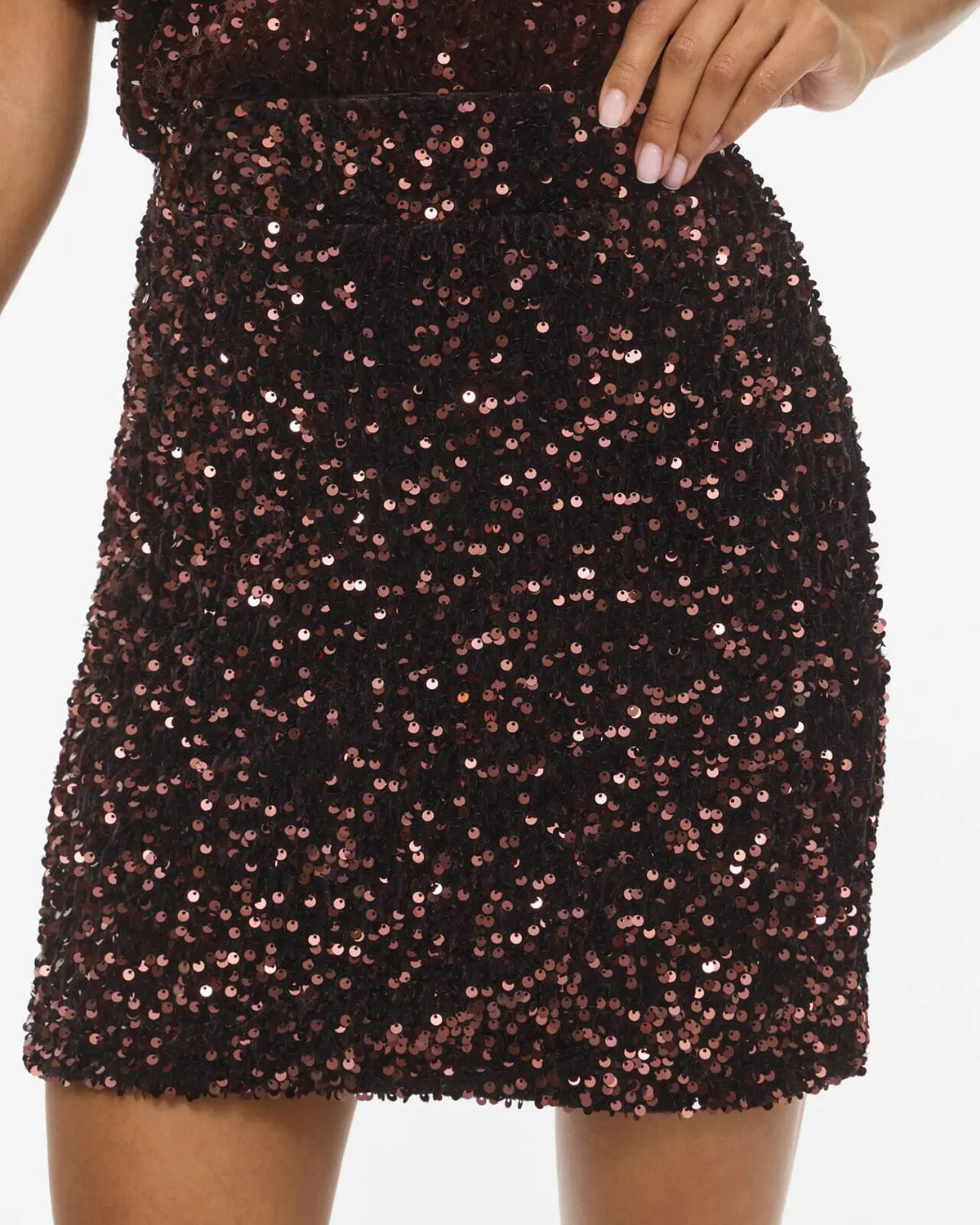 VILA Paljettskjørt Faith HW Short Sequin - Coffee Bean